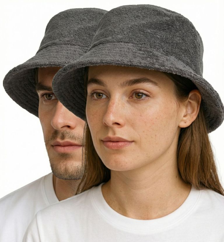 Two people wearing grey bucket hats close-up