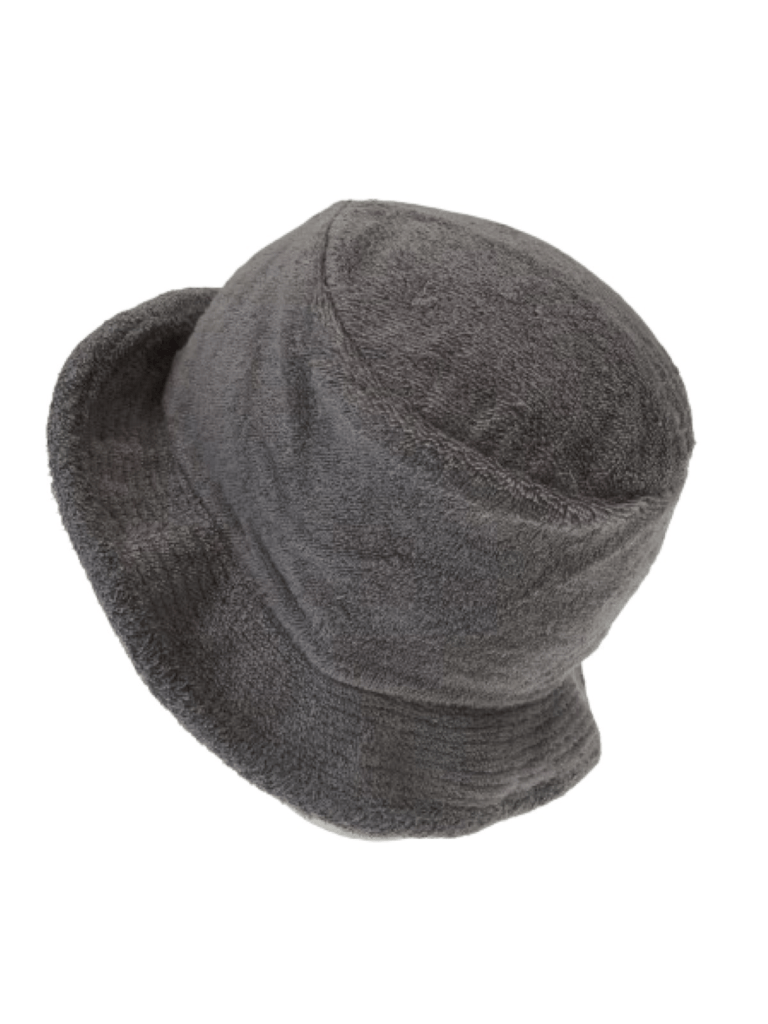 Grey plush fleece bucket hat with wide brim