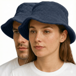 Two people wearing navy bucket hats close-up