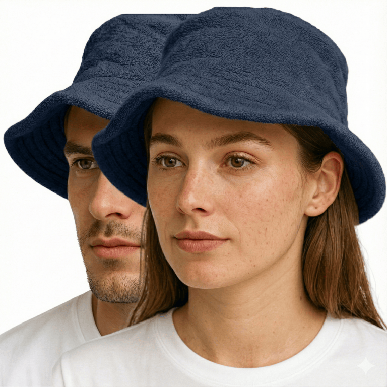 Two people wearing blue bucket hats