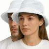 stingy brim terry towelling bucket hat daggy fishing camping lad cap 100% cotton white xxl Two people wearing white bucket hats indoors