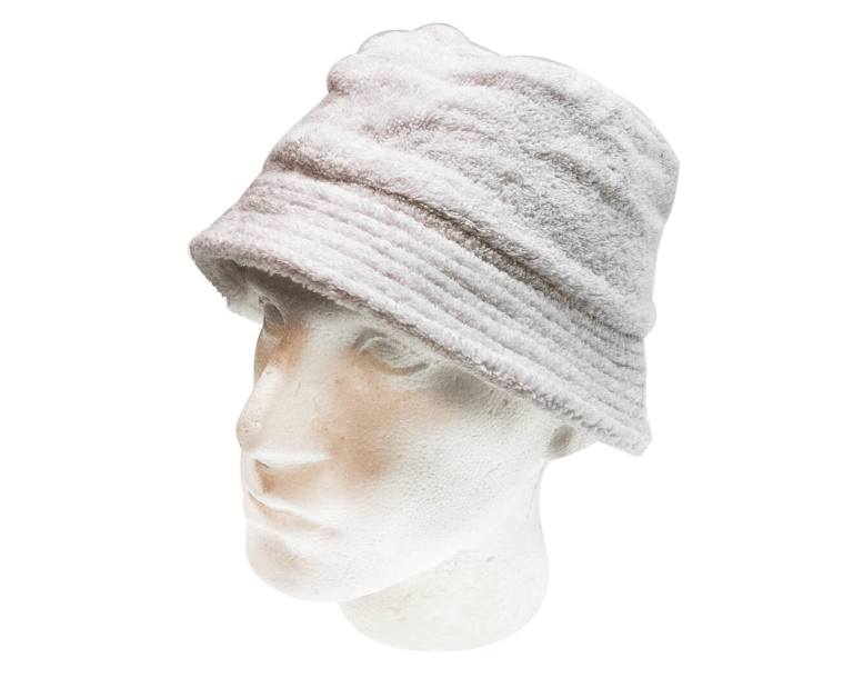 Light grey fluffy bucket hat on mannequin