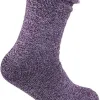 Purple knitted sock with fluffy cuff