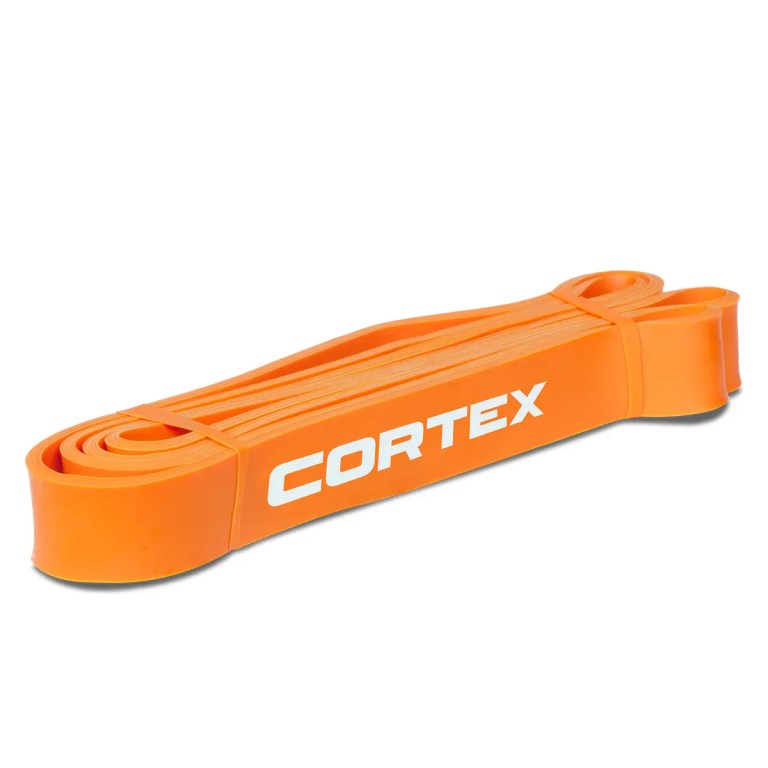 Orange CORTEX resistance band on white background