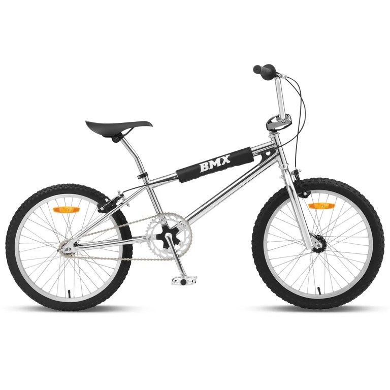 progear bikes classic bmx bike 20 in metallic chrome" Silver BMX bike on white background