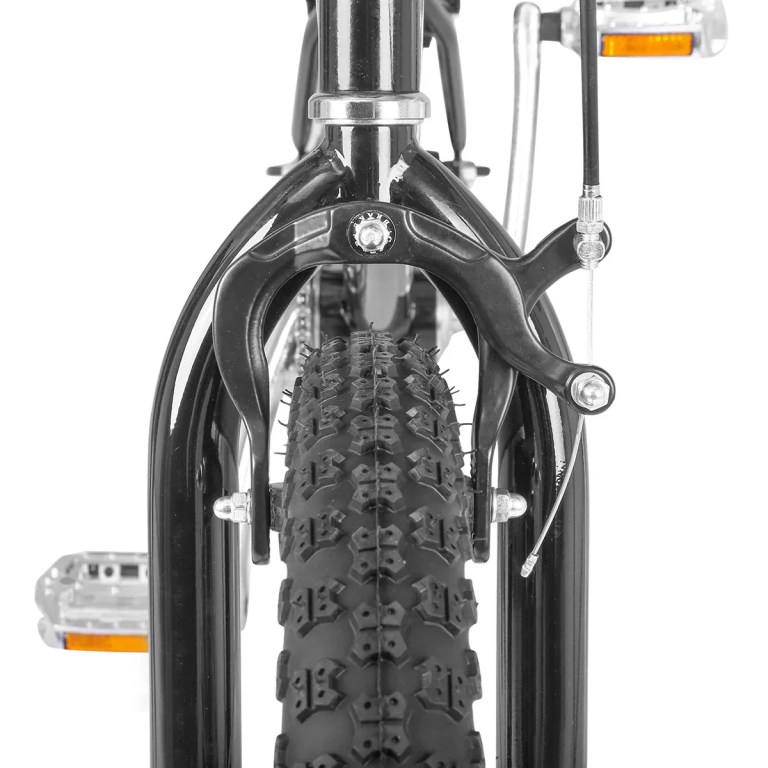 progear bikes classic bmx bike 20 in metallic chrome" Close-up of bicycle front wheel and brake