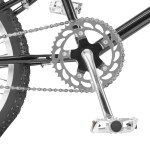 progear bikes classic bmx bike 20 in metallic chrome" Close-up of bicycle chainring, crank and pedal
