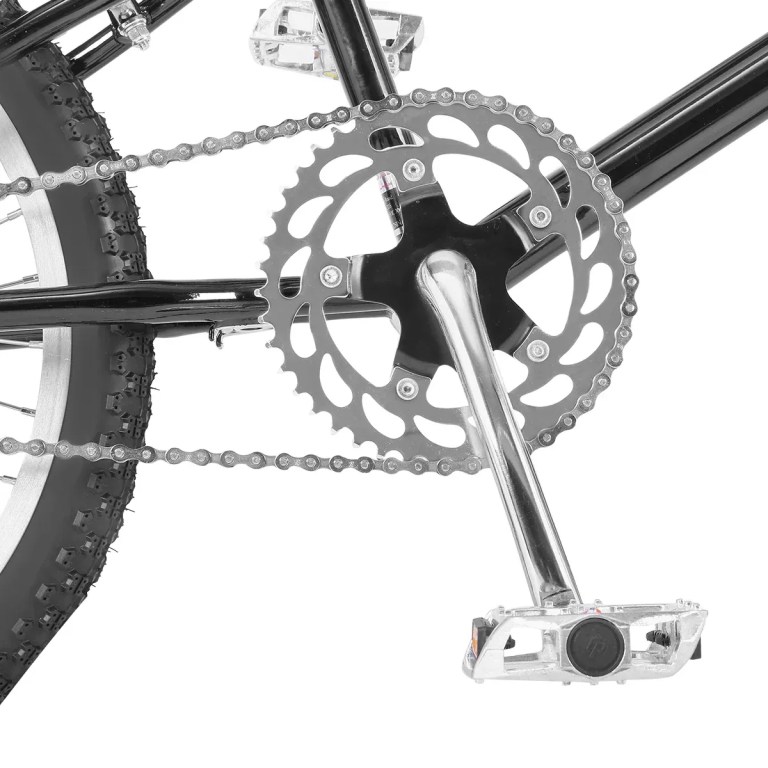 progear bikes classic bmx bike 20 in metallic chrome" Close-up of bicycle chainring, crank and pedal