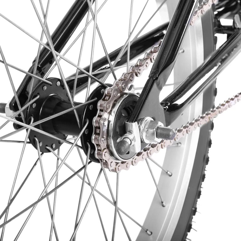 progear bikes classic bmx bike 20 in metallic chrome" Close-up of bicycle rear wheel and chain