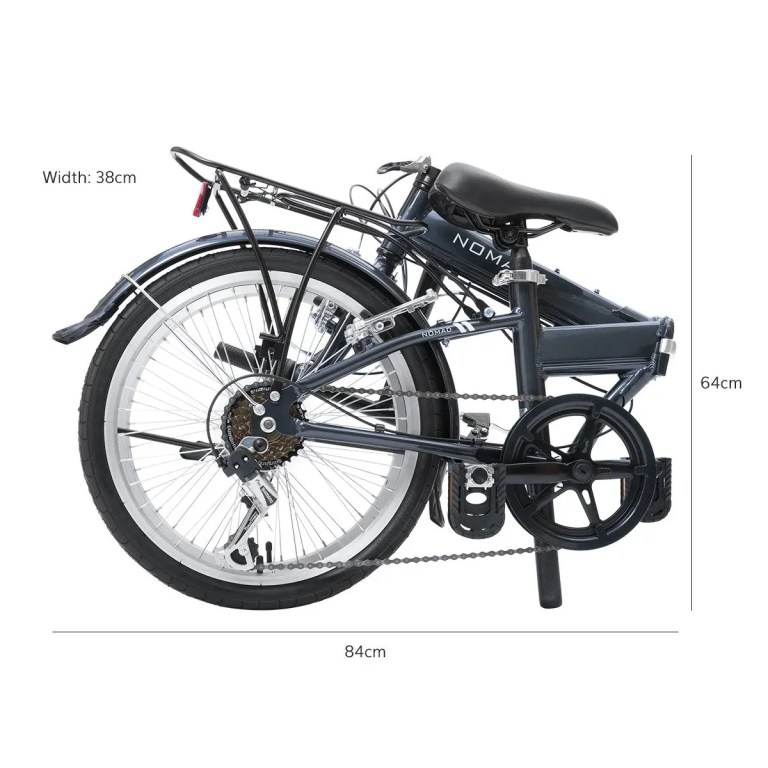 progear bikes nomad folding bike 20 in grey" Folded NOMAD bicycle with dimensions labelled