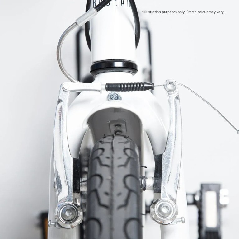 progear bikes nomad folding bike 20 in grey" Close-up of bicycle front V-brake system