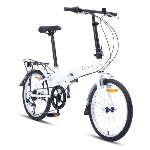 v572 bikpnomad20wht 00.webp White folding bicycle with rear rack