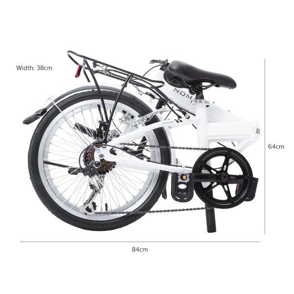 progear bikes nomad folding bike 20 in pearl white" Folded white Nomad bicycle with dimensions displayed