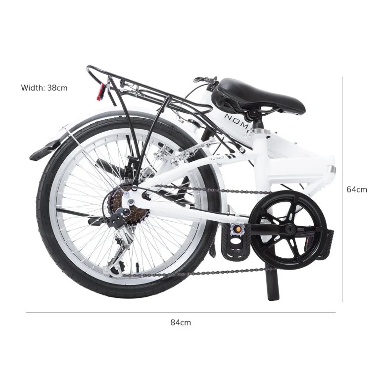 progear bikes nomad folding bike 20 in pearl white" Folded white Nomad bicycle with dimensions displayed