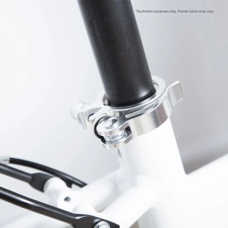 progear bikes nomad folding bike 20 in pearl white" Close-up of bicycle seatpost clamp on frame