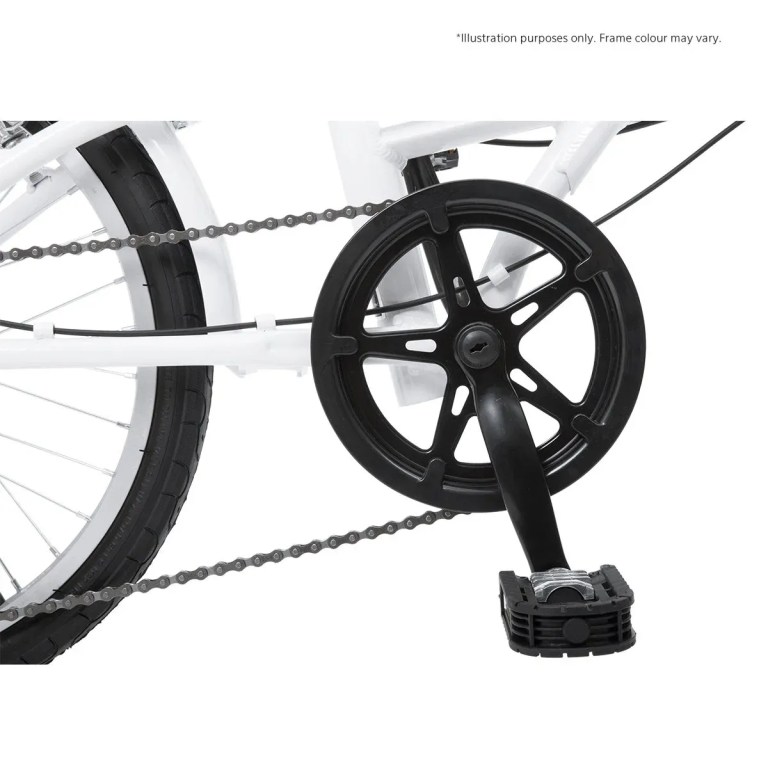 progear bikes nomad folding bike 20 in pearl white" Close-up of bicycle crankset and chain guard