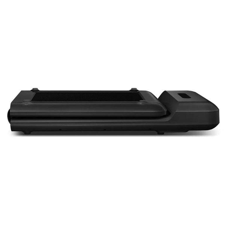 walkingpad c2 treadmill + ergodesk automatic standing desk 1500mm in white/black + cable management tray Side view of black under-desk treadmill