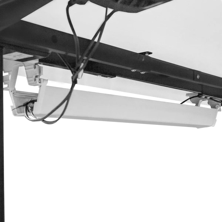 walkingpad c2 treadmill + ergodesk automatic standing desk 1500mm in white/black + cable management tray Ceiling-mounted fluorescent light with exposed wiring