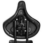 Underside of black bicycle saddle with rails