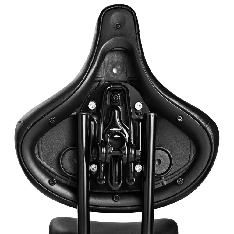 Underside of black bicycle saddle with rails