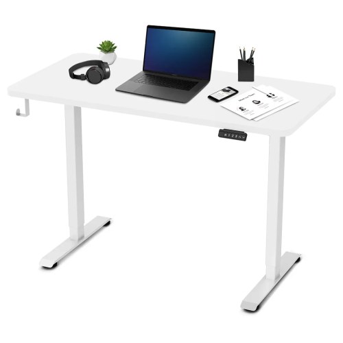 v572 lfdk ed120wtwt 00.webp White height-adjustable standing desk with laptop setup