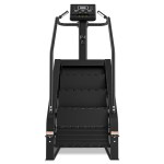 Black stair climber fitness machine on white background