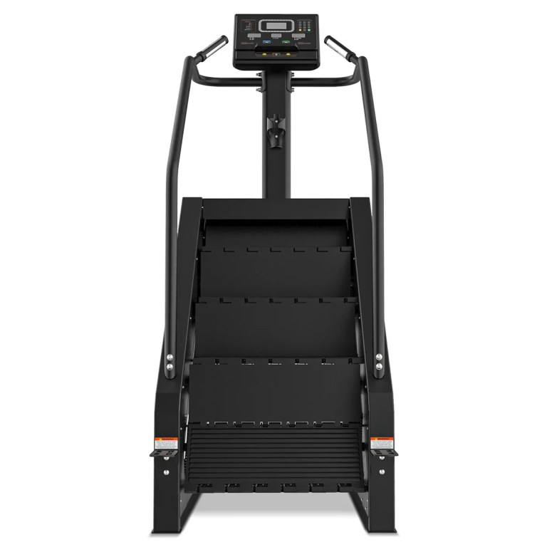 Black stair climber fitness machine on white background