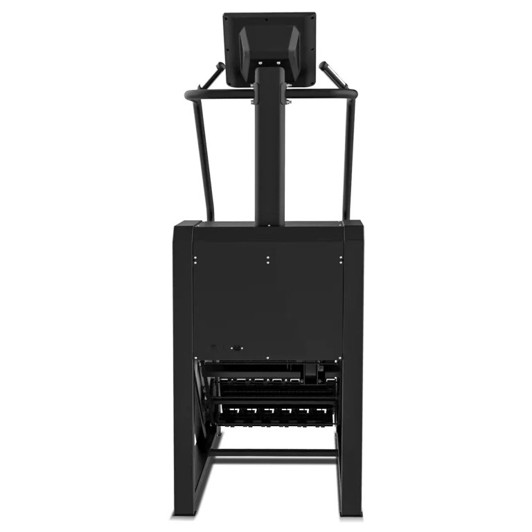 Black commercial treadmill with monitor and handrails