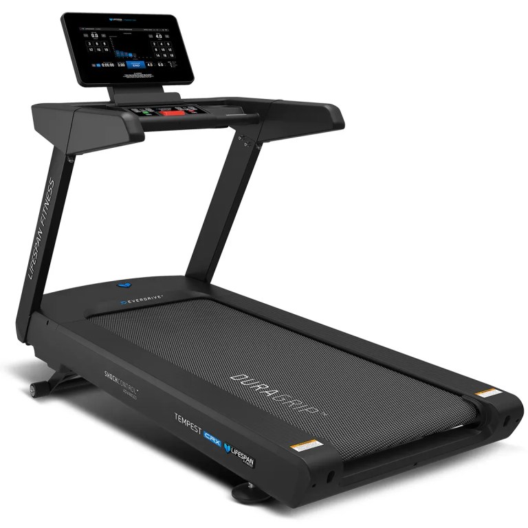 Black Lifespan Fitness treadmill with touchscreen console