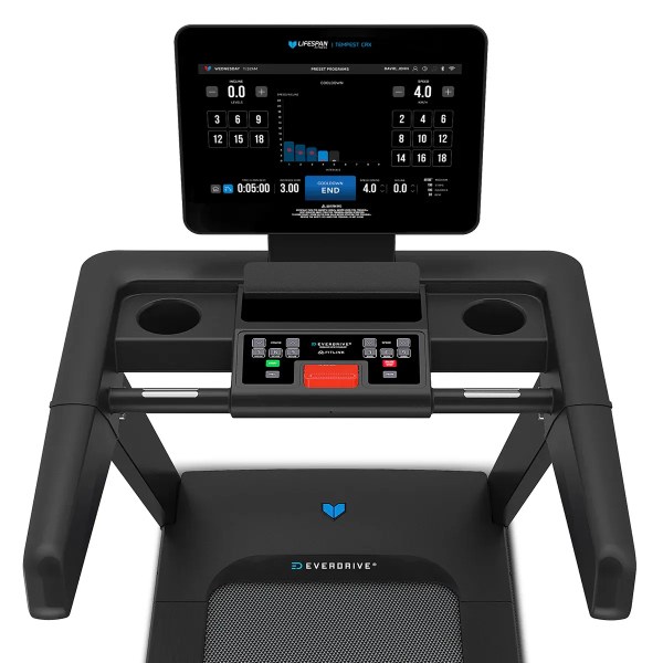 lifespan fitness tempest crx commercial smart treadmill with 15.6 tft touch display" Modern treadmill console with touchscreen display