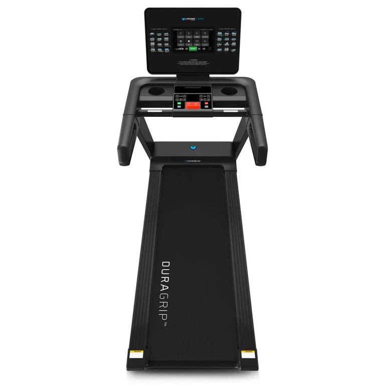 Black treadmill with large touchscreen display console