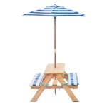 Children’s wooden picnic table with striped umbrella