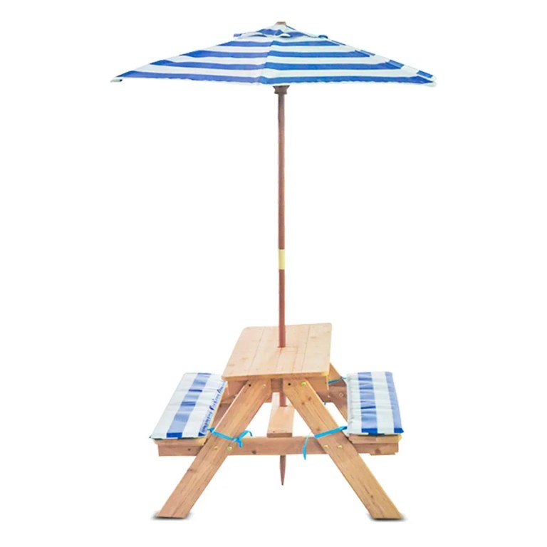 Children’s wooden picnic table with striped umbrella