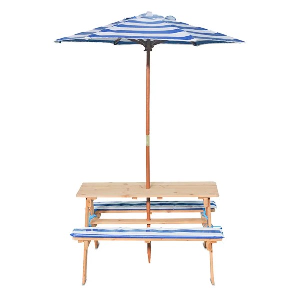 lifespan kids sunset picnic table with umbrella Wooden picnic table with striped umbrella and cushions