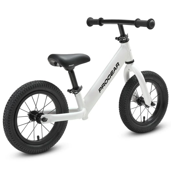 progear duralite kids balance bike 12 pearl white" White children’s balance bike with black tyres