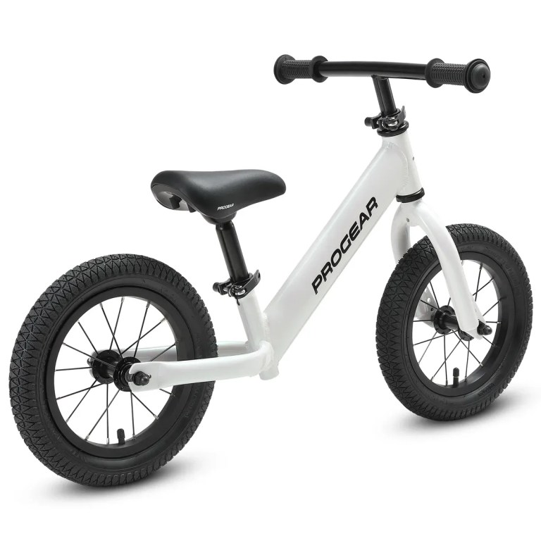 progear duralite kids balance bike 12 pearl white" White children’s balance bike with black tyres