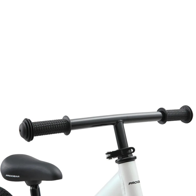 progear duralite kids balance bike 12 pearl white" Close-up of kids bike handlebars and saddle