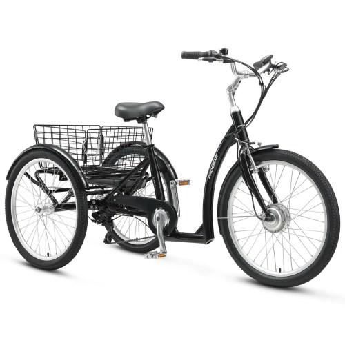 v572 pgel efree24 00.webp Black three-wheeled electric tricycle with rear basket