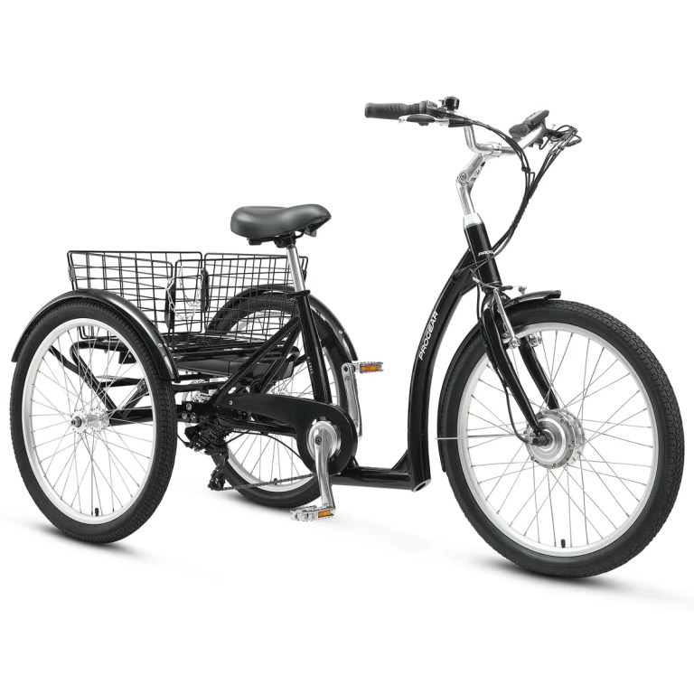 v572 pgel efree24 00.webp Black three-wheeled electric tricycle with rear basket