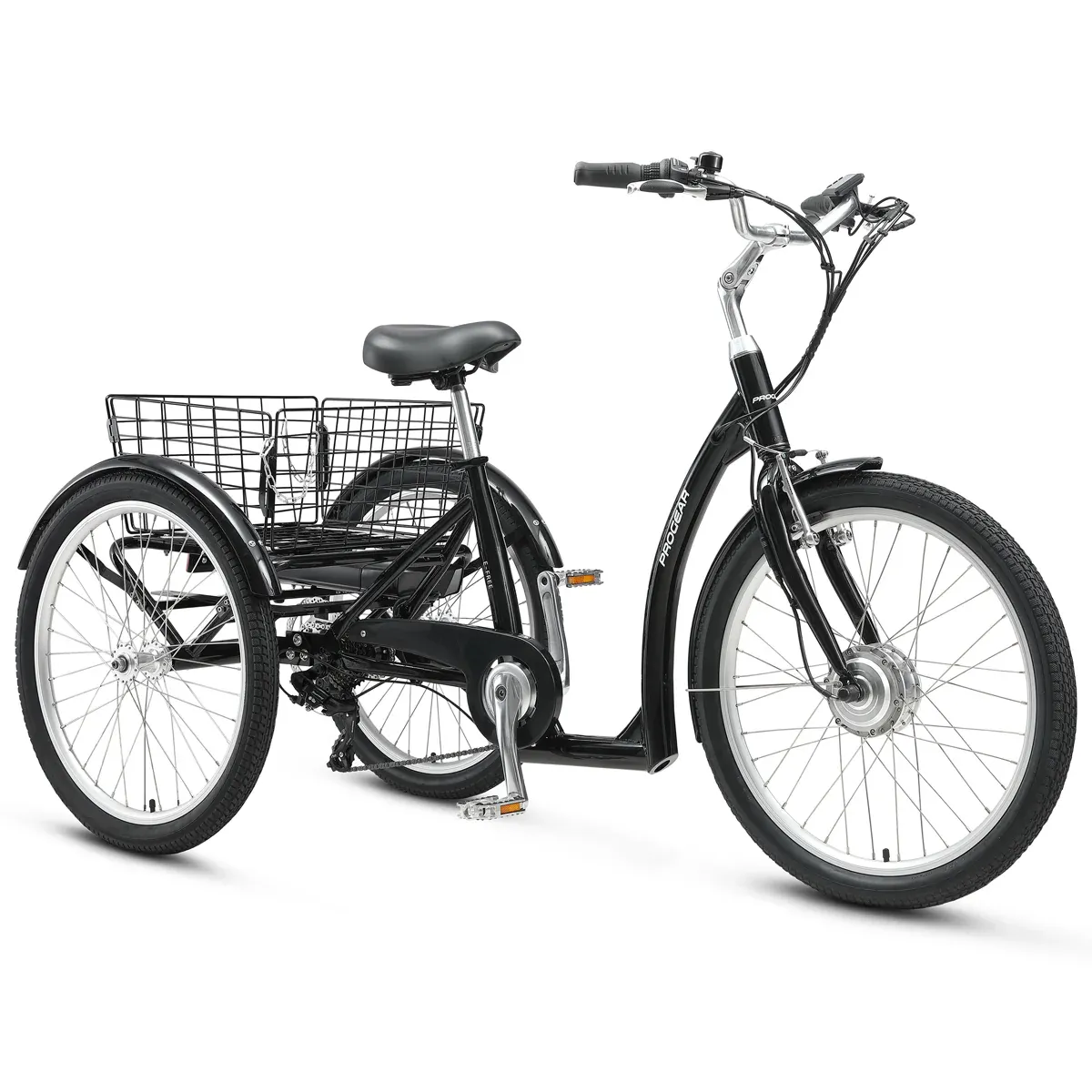 v572 pgel efree24 00.webp Black three-wheeled electric tricycle with rear basket