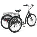 progear bikes e free 24 e trike" Black electric tricycle with rear cargo basket
