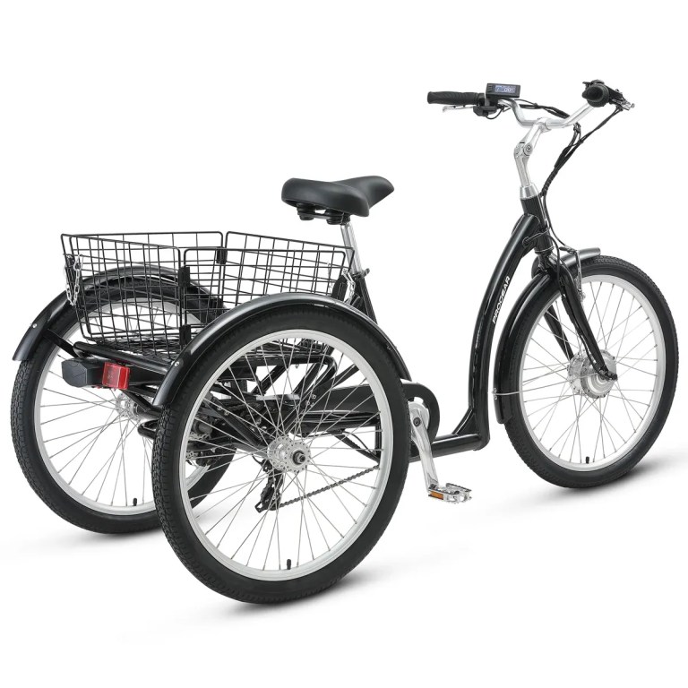 progear bikes e free 24 e trike" Black electric tricycle with rear cargo basket