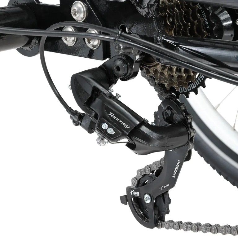 progear bikes e free 24 e trike" Shimano Tourney rear derailleur and bike cassette close-up