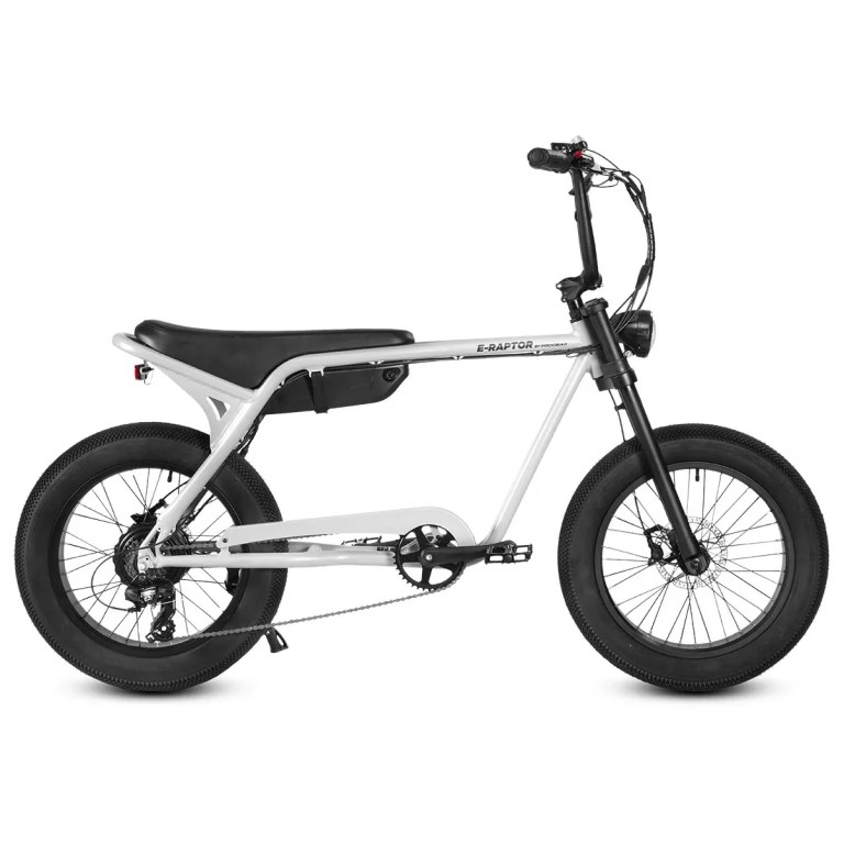 Compact silver electric bike with fat tyres