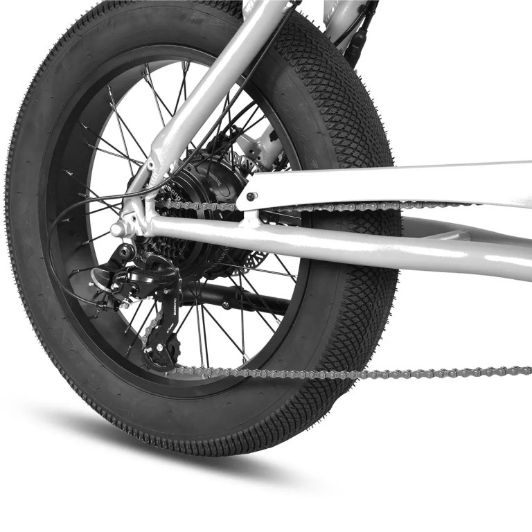 Close-up of electric bike rear wheel and drivetrain
