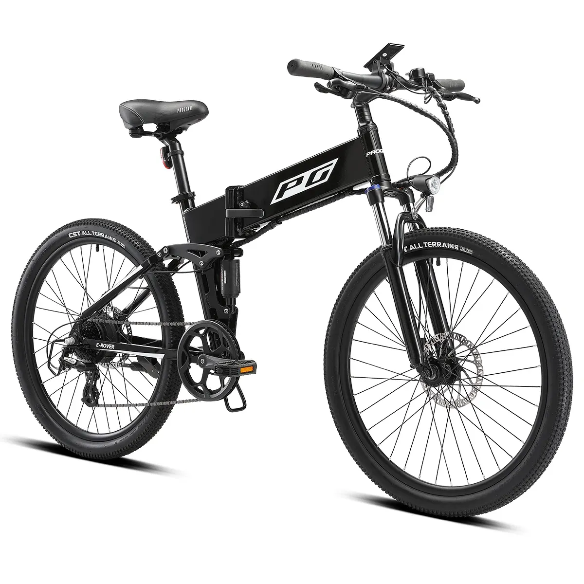Black folding electric bike with suspension and disc brakes