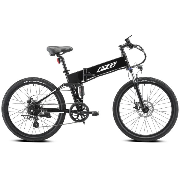 Black folding electric bike on white background