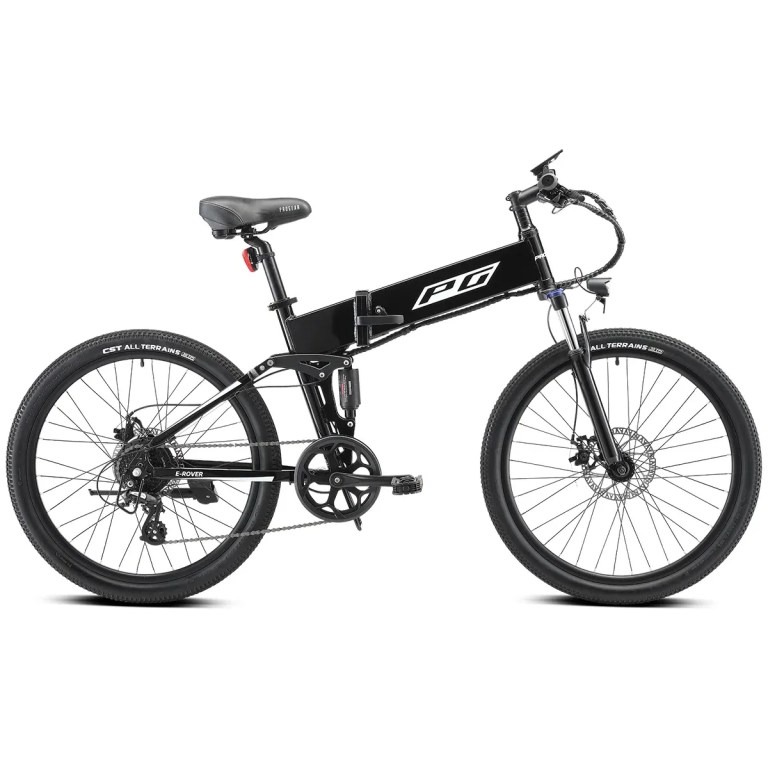 progear e rover electric folding mtb 26 gloss black" Black folding electric bike on white background