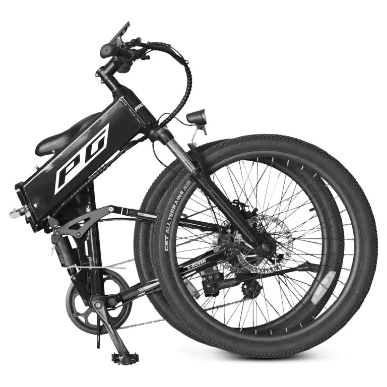 progear e rover electric folding mtb 26 gloss black" Folded black electric fat-tyre bicycle on white background
