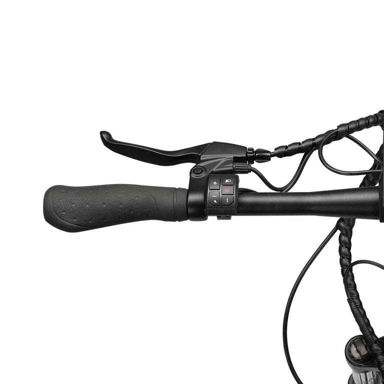 progear e rover electric folding mtb 26 gloss black" Close-up of bicycle handlebar with brake lever controls